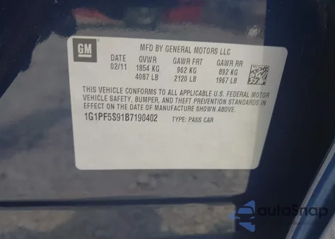 2011 Chevrolet Cruze Lt z USA, uszkodzony, nr VIN 1G1PF5S91B7190402